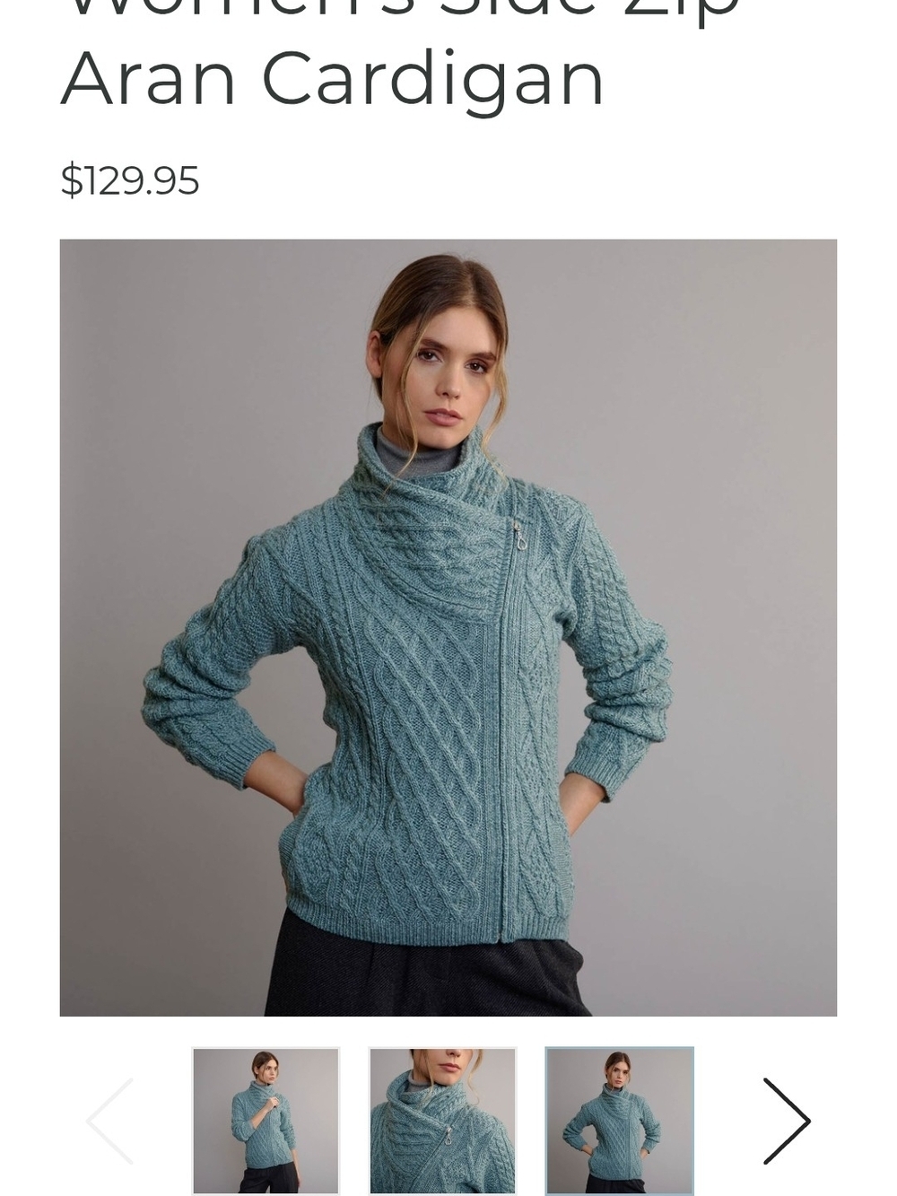 The Irish Store Merino Wool Cable Knit Zip Cardigan - Light Blue sz Med - Picture 9 of 9